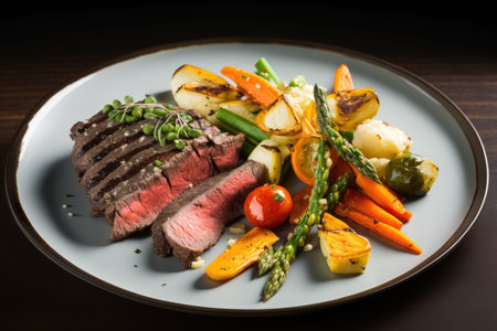 flank steak with colorful vegetable side dish, created with generative aiの素材