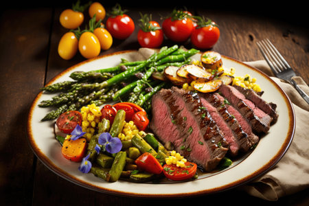 flank steak with colorful vegetable side dish, created with generative aiの素材