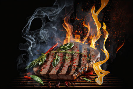 flank steak grilled over hot fire, with smoke and flames rising from the grill, created with generative aiの素材