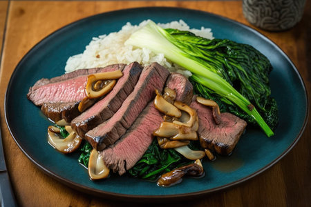 flank steak, stir-fried with mushrooms and bok choy, created with generative aiの素材