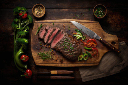 flank steak on wooden board with knife and pepper for an elegant presentation, created with generative aiの素材