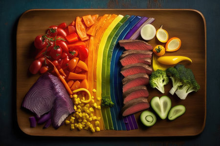 rainbow of vegetables with flank steak for colorful, hearty meal, created with generative aiの素材