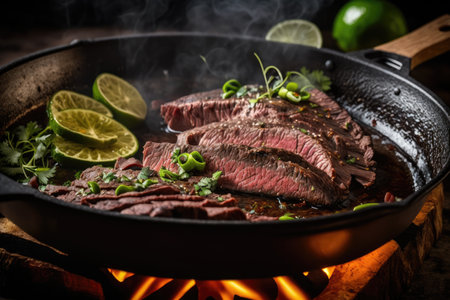 flank steak sizzling in hot skillet, ready to be cooked, created with generative aiの素材