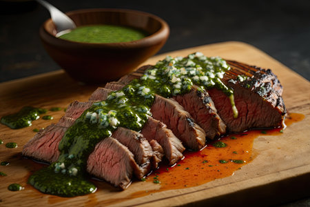 slice of flank steak with chimichurri sauce drizzle, created with generative aiの素材