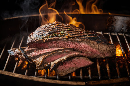 flank steak on grill, charred and smokey, created with generative aiの素材