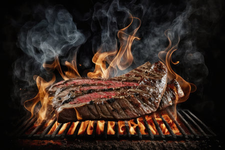 juicy flank steak being cooked on grill, smoke rising from the flames, created with generative aiの素材
