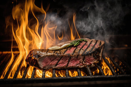 juicy flank steak being cooked on grill, smoke rising from the flames, created with generative aiの素材