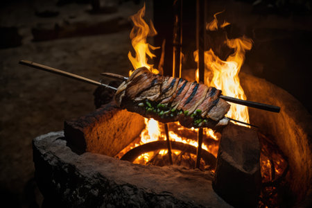 flank steak skewered and cooked over open fire, created with generative aiの素材