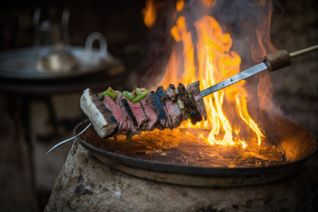 flank steak skewered and cooked over open fire, created with generative aiの素材