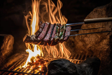 flank steak skewered and cooked over open fire, created with generative aiの素材