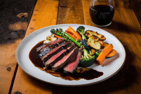 plate of flank steak, topped with grilled vegetables and balsamic glaze, created with generative aiの素材