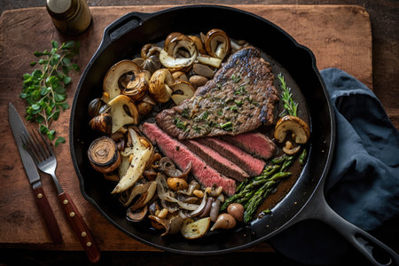 flank steak in cast-iron skillet, with mushrooms and onions, created with generative aiの素材