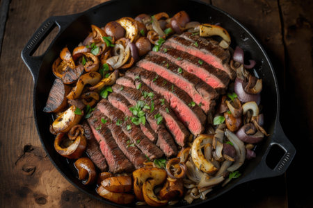 flank steak in cast-iron skillet, with mushrooms and onions, created with generative aiの素材