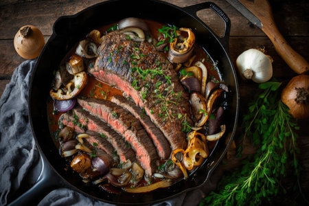 flank steak in cast-iron skillet, with mushrooms and onions, created with generative aiの素材