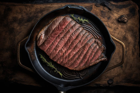juicy flank steak on cast-iron skillet, ready for cooking, created with generative aiの素材