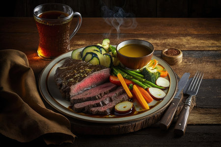 flank steak, grilled to an exterior char and interior juiciness, with side of vegetables, created with generative aiの素材