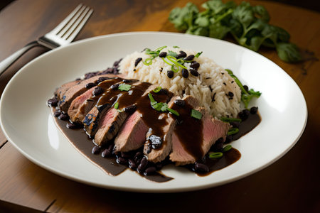 flank steak with balsamic glaze, served over white rice and black beans, created with generative aiの素材