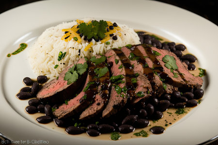 flank steak with balsamic glaze, served over white rice and black beans, created with generative aiの素材