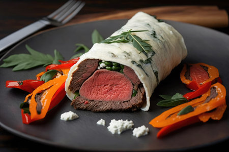 flank steak roll-up with roasted red peppers and goat cheese, created with generative aiの素材