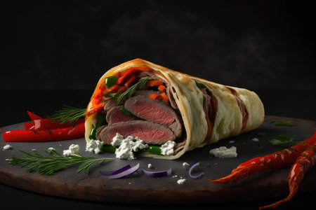flank steak roll-up with roasted red peppers and goat cheese, created with generative aiの素材