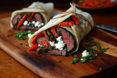 flank steak roll-up with roasted red peppers and goat cheese, created with generative aiの素材