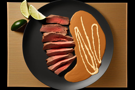 flank steak, cooked and sliced into thin strips, served with peanut sauce, created with generative aiの素材