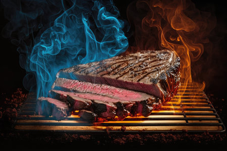 flank steak on grill, with smoke rising from flames and sear marks visible, created with generative aiの素材