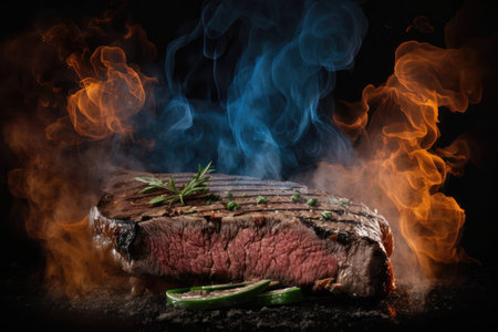 flank steak on grill, with smoke rising from flames and sear marks visible, created with generative aiの素材