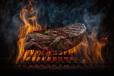 flank steak on grill, with smoke and flames rising from the flame, created with generative aiの素材