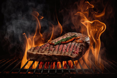 juicy flank steak on hot grill, with smoke rising from the flames, created with generative aiの素材