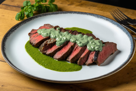 plate with flank steak, grilled to perfection and topped with parsley sauce, created with generative aiの素材