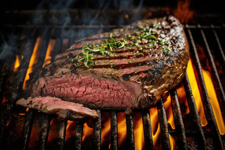 juicy flank steak on hot grill, ready for cooking, created with generative aiの素材