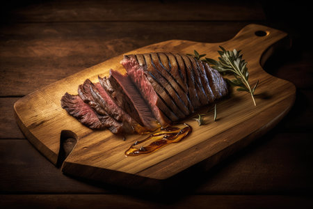juicy flank steak on wooden board, ready for slicing and cooking, created with generative aiの素材