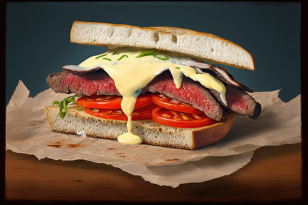 tender flank steak, served on toasted roll with melted cheese and slice of tomato, created with generative aiの素材