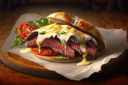 tender flank steak, served on toasted roll with melted cheese and slice of tomato, created with generative aiの素材