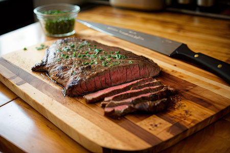 flank steak on wooden board, ready to be cooked, created with generative aiの素材