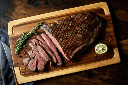 flank steak on wooden board, ready to be cooked, created with generative aiの素材