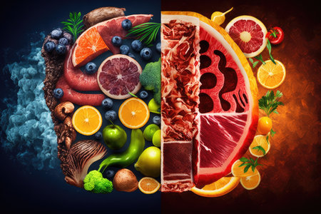 two different types of food, such as meat and fruit, overlaid on each other, created with generative aiの素材