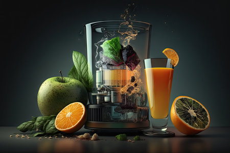 glass of fresh squeezed juice, with ingredients and juicer visible, created with generative aiの素材
