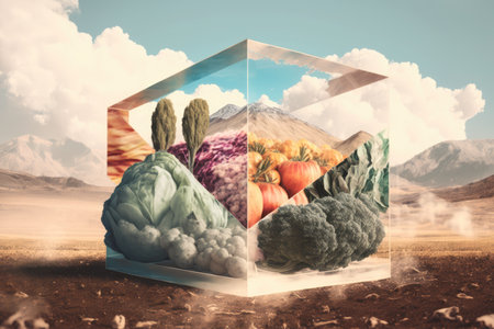 double-exposure of food production with natural landscape in the background, created with generative aiの素材