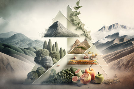 double-exposure of food production with natural landscape in the background, created with generative aiの素材