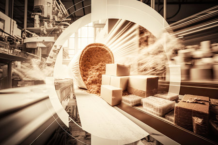 double exposure of food products being processed in factory, from raw materials to finished products, created with generative aiの素材