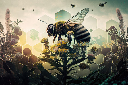 chlorophyll-filled garden, with double exposure of bees and flowers, created with generative aiの素材