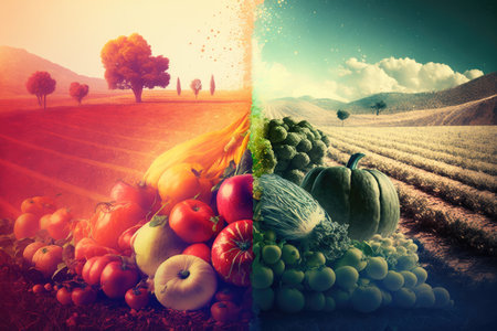 field of ripe fruits and vegetables, with double exposure effect, created with generative aiの素材