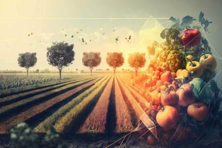field of ripe fruits and vegetables, with double exposure effect, created with generative aiの素材