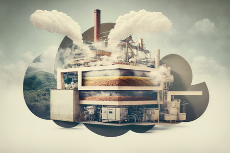 food production double exposure of factory, with ingredients and end product visible, created with generative aiの素材