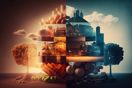 food production double exposure of factory, with ingredients and end product visible, created with generative aiの素材