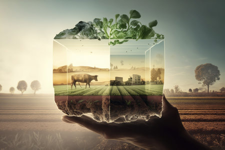 food production double exposure, with close-up of farmer planting seedlings and wide shot of farm fields in the background, created with generative aiの素材