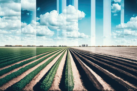double-exposure of row of crops growing in a field, with blue sky and clouds visible above, created with generative aiの素材