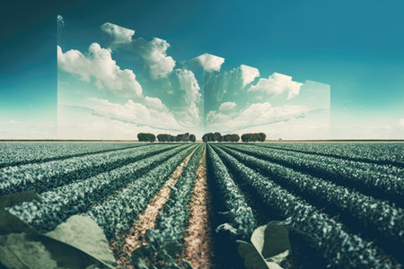 double-exposure of row of crops growing in a field, with blue sky and clouds visible above, created with generative aiの素材